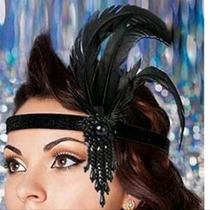 Black Feather Headband And Long Black Gloves Set